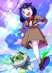 Rule 34 | 1girl, :d, black hair, blue eyes, bow, bowtie, brown footwear, brown jacket, brown skirt, creatures (company), full body, game freak, gem, hair ornament, hairclip, highres, indigo academy uniform, jacket, jewelry, kneehighs, leg up, liko (pokemon), long sleeves, monaka mom, necklace, nintendo, open clothes, open jacket, open mouth, pokemon, pokemon (anime), pokemon horizons, red bow, red bowtie, shirt, short hair, skirt, smile, socks, sprigatito, teeth, upper teeth only, white shirt, white socks