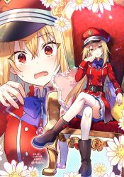 Rule 34 | 1girl, ankle boots, blonde hair, blue bow, blue skirt, boots, bow, brown footwear, close-up, commentary, crossed legs, fang, flower, frilled pillow, frills, full body, hair between eyes, hand up, hat, hikikomari kyuuketsuki no monmon, long hair, long sleeves, looking at viewer, military hat, military uniform, on chair, open mouth, parted lips, peaked cap, pillow, pointy ears, polka dot, polka dot background, red eyes, red hat, red shirt, riichu, shirt, sitting, skirt, solo, surprised, sweat, terakomari gandezblood, thighhighs, uniform, white flower, white thighhighs