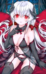 Rule 34 | 1girl, alternate costume, alternate hairstyle, babydoll, black babydoll, black gloves, black panties, black thighhighs, bow, breasts, detached collar, dragon girl, dragon horns, elbow gloves, fate/grand order, fate (series), garter belt, gloves, grey hair, hair bow, highres, horns, kiyohime (fate), kiyohime (third ascension) (fate), long hair, low-tied long hair, medium breasts, morizono shiki, multiple horns, navel, panties, panties over garter belt, red eyes, see-through, sitting, solo, thighhighs, underwear