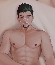 Rule 34 | 1boy, abs, bandaid, bandaid on cheek, bandaid on face, bandaid on nose, bara, black hair, blush, clenched teeth, dark-skinned male, dark skin, dido (dido 200207), facial hair, goatee, green hair, highres, kyoichi (live a hero), large pectorals, live a hero, long sideburns, lying, male focus, male masturbation, masturbation, mature male, multicolored hair, muscular, muscular male, nipples, on back, on bed, out-of-frame censoring, pectorals, penis, short hair, sideburns, solo, stomach, streaked hair, sweat, teeth