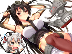 Rule 34 | 10s, alternate hairstyle, amatsukaze (kancolle), armpits, arms up, bare shoulders, black hair, breasts, brown eyes, crying, crying with eyes open, dress, elbow gloves, fingerless gloves, gloves, hair tubes, headgear, heart, highres, inset, kantai collection, large breasts, long hair, midriff, miniskirt, moeki yuuta, nagato (kancolle), navel, personification, red eyes, rensouhou-kun, sailor dress, school uniform, serafuku, silver hair, skirt, tears, thighhighs, twintails, two side up, yujin-yujin, zettai ryouiki