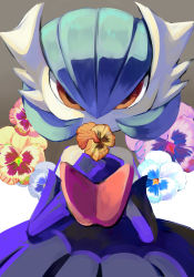 Rule 34 | 1girl, alternate color, blue hair, creatures (company), detached sleeves, flower, game freak, gardevoir, gen 3 pokemon, grey background, highres, looking at viewer, mega gardevoir, mega pokemon, nintendo, own hands together, pokemon, pokemon (creature), red eyes, shiny pokemon, short hair, solo, white background