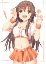 Rule 34 | 1girl, :d, blush, brown hair, claw pose, collarbone, commentary request, cowboy shot, crop top, green eyes, hair ornament, hairclip, hands up, himekawa yuki, hisae (hisae collect), idolmaster, idolmaster cinderella girls, long hair, looking at viewer, midriff, miniskirt, navel, open mouth, orange skirt, pleated skirt, shirt, short sleeves, skirt, smile, solo, standing, stomach, white background, white shirt, wristband