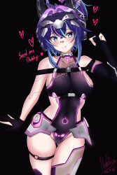 Rule 34 | 1girl, absurdres, android, bandaid, bandaid on face, bandaid on nose, black background, black gloves, blue eyes, blue hair, blush, breasts, covered navel, elbow gloves, english text, fingerless gloves, gloves, headphones, heart, heart-shaped pupils, highres, large breasts, leotard, long hair, looking at viewer, melody (projektmelody), multicolored hair, navel, nekobox, partially fingerless gloves, ponytail, power symbol, power symbol tattoo, pubic tattoo, pubic tattoo through clothing, purple hair, purple leotard, streaked hair, symbol-shaped pupils, tattoo, thigh strap, tongue, tongue out, virtual youtuber, vshojo