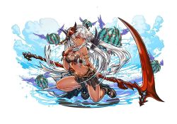 Rule 34 | 1girl, black valkyrie (p&amp;d), breasts, cleavage, dark-skinned female, dark skin, dark valkyrie (p&amp;d), food, fruit, full body, hair ornament, hino shinnosuke, long hair, navel, official art, puzzle &amp; dragons, red eyes, scythe, simple background, smile, solo, tan, valkyrie (p&amp;d), watermelon, white background, white hair, wings