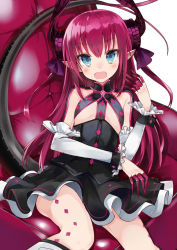 Rule 34 | 10s, 1girl, asymmetrical horns, blue eyes, blush, boots, claws, corset, couch, detached sleeves, dress, elizabeth bathory (fate), elizabeth bathory (fate/extra ccc), elizabeth bathory (first ascension) (fate), fang, fate/extra, fate/extra ccc, fate (series), flat chest, frilled sleeves, frills, hair ribbon, horns, knee boots, kou mashiro, long hair, looking at viewer, open mouth, pink hair, plaid, plaid skirt, pointy ears, ribbon, sitting, skirt, smile, solo, tail, two side up, uneven horns, white background
