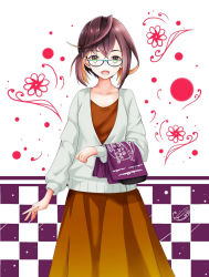 Rule 34 | 1girl, :d, aqua-framed eyewear, blush, brown dress, brown hair, casual, checkered background, collarbone, commentary request, crossed bangs, dress, fish, glasses, gradient dress, green eyes, hair ornament, hairpin, highres, kantai collection, long sleeves, looking at viewer, multicolored hair, okinami (kancolle), open mouth, orange hair, remimiku, short hair, smile, solo, two-tone hair