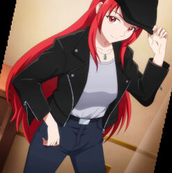 Rule 34 | 1girl, absurdres, amelia rose, breasts, denim, highres, hyouken no majutsushi ga sekai wo suberu, jacket, jeans, large breasts, long hair, looking at viewer, open clothes, open jacket, pants, red eyes, red hair, shirt, smile, stitched, third-party edit