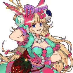 Rule 34 | 1girl, adel yuha, bad id, bad pixiv id, blonde hair, blue eyes, bow, bracelet, breasts, cleavage, crown, electricity, eyeball, fake horns, gloves, horns, jewelry, large breasts, long hair, midriff, mini crown, open mouth, solo, sylvie paula paula, teeth, the king of fighters, the king of fighters xiv, transparent background, upper body