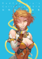 Rule 34 | 10s, 1girl, 2016, arm belt, black light, blue background, bracer, breasts, brown hair, cable, cleavage, cleavage cutout, clothing cutout, comic, cover, detached sleeves, eyelashes, finger to mouth, fingerless gloves, floating hair, gloves, glowing, gorget, highres, large breasts, looking at viewer, one eye closed, original, parted lips, reflection, science fiction, shaded face, short hair, shushing, simple background, skin tight, smile, solo, upper body, yellow eyes