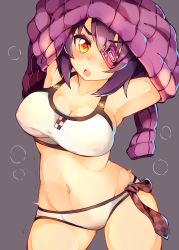 Rule 34 | 10s, 1girl, armpits, arms up, bad id, bad pixiv id, bikini, blush, breasts, checkered clothes, checkered necktie, checkered neckwear, cleavage, contrapposto, covered erect nipples, cowboy shot, eyepatch, gakushiki, kantai collection, large breasts, looking at viewer, navel, necktie, open mouth, purple hair, short hair, simple background, solo, standing, sweater, swimsuit, taut bikini, taut clothes, tenryuu (kancolle), undressing, white bikini, wide hips, yellow eyes