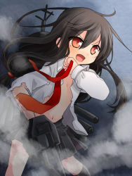 Rule 34 | 10s, black hair, flat chest, hair between eyes, hatsushimo (kancolle), kantai collection, long hair, nagasioo, red eyes, solo, torn clothes