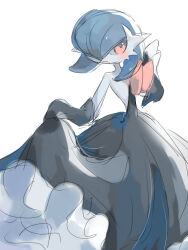 Rule 34 | alternate color, arm up, bare shoulders, black dress, black gloves, blue hair, blush, clothes lift, colored skin, creatures (company), dress, dress lift, elbow gloves, flat chest, frilled dress, frills, game freak, gardevoir, gen 3 pokemon, gloves, hair over one eye, hand up, highres, lifted by self, long dress, mame (pixiv 57985908), mega gardevoir, mega pokemon, nintendo, one eye covered, open mouth, pokemon, pokemon (creature), red eyes, shiny pokemon, short hair, simple background, sketch, strapless, strapless dress, white background, white skin