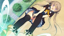 Rule 34 | 10s, 1girl, akinashi yuu, ao no kanata no four rhythm, arisaka mashiro, black thighhighs, blue skirt, brown hair, covering privates, covering crotch, day, embarrassed, falling, flying, from above, game cg, light brown hair, long hair, open mouth, outdoors, panties, pantyshot, pigeon-toed, pink panties, pleated skirt, pom pom (clothes), ponytail, purple eyes, school uniform, serafuku, short sleeves, skirt, solo, suzumori, thighhighs, tree, twintails, underwear