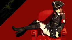 Rule 34 | 1girl, artist request, boots, breasts, cigarette, coach, full body, glasses, hat, highres, medium breasts, military hat, military uniform, nazi, one eye covered, red background, red eyes, red hair, sitting, skirt, uniform