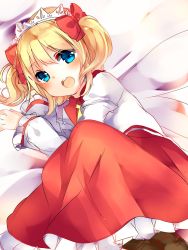 Rule 34 | 1girl, bad id, bad twitter id, blonde hair, blue eyes, blush, bow, hair bow, highres, karasusou nano, long sleeves, looking at viewer, lying, on side, open mouth, red bow, red skirt, skirt, solo, sunny milk, touhou, twintails
