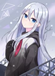 Rule 34 | 1girl, black hoodie, black neckerchief, blue eyes, blurry, blurry background, blush, closed mouth, commentary request, expressionless, grey background, grey hoodie, hair between eyes, highres, hood, hood down, hoodie, ixia (ixia424), long hair, long sleeves, looking at viewer, neckerchief, outdoors, oversized clothes, project sekai, red neckerchief, scaffolding, silver hair, sleeves past fingers, sleeves past wrists, solo, triangle, two-tone hoodie, two-tone neckerchief, upper body, very long hair, yoisaki kanade