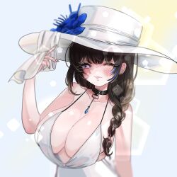 Rule 34 | 1girl, blue flower, braid, braided ponytail, breasts, brown hair, cleavage, collar, flower, goddess of victory: nikke, hat, highres, jewelry, large breasts, long hair, mary (bay goddess) (nikke), mary (nikke), necklace, official alternate costume, one eye closed, purple eyes, solo, sun hat, tongue, tongue out, uniofthedead, unusually open eyes, white hat