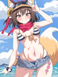 1girl absurdres animal_ears bikini blue_archive blush breasts denim denim_shorts flower fox_ears fox_girl fox_tail hair_flower hair_ornament halo highres izuna_(blue_archive) izuna_(swimsuit)_(blue_archive) looking_at_viewer medium_breasts micro_shorts navel official_alternate_costume open_fly outdoors pink_halo pink_scarf pom_pom_(clothes) pom_pom_hair_ornament ramune red_scarf rehu_(mangyu) scarf scrunchie shorts smile solo striped_bikini striped_clothes sunflower sunflower_hair_ornament swimsuit tail visor_cap wrist_scrunchie yellow_eyes