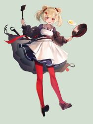 Rule 34 | 1girl, animal ears, apron, arknights, bad id, bad pixiv id, bear ears, blonde hair, candy hair ornament, coat, egg (food), food, food-themed hair ornament, frying pan, gummy (arknights), gummy (elite ii) (arknights), hair ornament, hairclip, no.aei, pantyhose, red eyes, red pantyhose, skirt, spatula, sunny side up egg, twintails