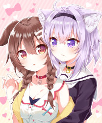 Rule 34 | 2girls, :3, ahoge, animal collar, animal ear fluff, animal ears, black collar, black hairband, black shirt, bone hair ornament, bow, braid, breasts, brown eyes, brown hair, buttons, cartoon bone, cat ears, cleavage, closed mouth, collar, collarbone, commentary request, crossed bangs, diagonal stripes, dog ears, dress, hair between eyes, hair ornament, hairband, hairclip, hand up, heart, heart background, holding hands, hololive, interlocked fingers, inugami korone, inugami korone (1st costume), jacket, long hair, long sleeves, looking at another, looking at viewer, low twin braids, medium breasts, multiple girls, nekomata okayu, nekomata okayu (casual), open clothes, open jacket, outline, pink background, pink bow, purple eyes, purple hair, red collar, sailor collar, sailor shirt, shirt, short hair, sidelocks, sleeveless, sleeveless dress, smile, striped, striped background, twin braids, upper body, usagi koushaku, virtual youtuber, white dress, white outline, white sailor collar, yellow jacket