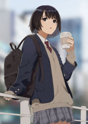 Rule 34 | 1girl, :o, backpack, bag, black hair, blue jacket, blurry, blurry background, brown eyes, brown necktie, brown sweater, coffee cup, collared shirt, cup, depth of field, disposable cup, grey skirt, hand up, holding, holding cup, jacket, long sleeves, looking away, mattaku mousuke, necktie, open clothes, open jacket, original, parted lips, plaid, plaid skirt, pleated skirt, railing, shirt, short hair, skirt, sleeves past wrists, solo, sweater, twitter username, white shirt