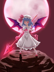 Rule 34 | 1girl, ankle socks, ascot, bat wings, blue hair, bow, brooch, clenched teeth, collarbone, cross-laced footwear, energy ball, fang, fingernails, full moon, glowing, hand up, hat, hat ribbon, highres, jewelry, long fingernails, looking at viewer, mob cap, moon, nail polish, noronosuke, red background, red eyes, red moon, remilia scarlet, ribbon, rock, shadow, sharp fingernails, short hair, simple background, skirt, skirt set, socks, solo, spear the gungnir, teeth, touhou, wings, wrist cuffs