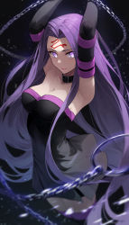 Rule 34 | 1girl, absurdres, arm strap, armpits, arms up, belt, belt collar, black belt, black dress, black thighhighs, breasts, chain, cleavage, closed mouth, collar, cowboy shot, detached sleeves, dress, eyes visible through hair, facial mark, fate/stay night, fate (series), forehead mark, highres, large breasts, long hair, long sleeves, looking at viewer, medusa (fate), medusa (rider) (fate), purple eyes, purple hair, revision, solo, square pupils, star741, strapless, strapless dress, thighhighs, very long hair