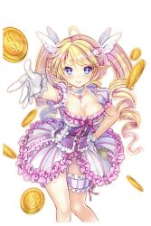 Rule 34 | 1girl, ahoge, blonde hair, blue eyes, breasts, charlotte (soccer spirits), cleavage, coin, dress, drill hair, garter straps, gloves, hair ornament, hand on own hip, highres, large breasts, long hair, looking at viewer, outstretched hand, pink dress, pointy ears, ratise, soccer spirits, solo, standing, star-shaped pupils, star (symbol), symbol-shaped pupils, transparent background, twin drills, twintails, white gloves