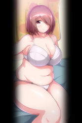 Rule 34 | 1girl, alternate body size, arms behind back, black border, blush, border, bra, breasts, brown hair, cleavage, closed mouth, commentary request, curtains, dot nose, feet out of frame, hair over one eye, highres, hoshino miyako (wataten), large breasts, looking at viewer, mahrr (pixiv174324), medium hair, navel, panties, pink eyes, plump, shadow, sitting, solo, tareme, thick thighs, thighs, underwear, watashi ni tenshi ga maiorita!