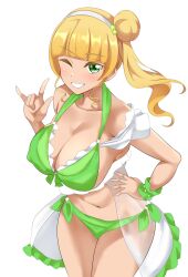Rule 34 | 1girl, absurdres, alternate breast size, alternate hairstyle, bikini, blonde hair, blush, breasts, eine (ein-faust), green bikini, green eyes, grin, hairband, hand on own hip, heanna sumire, highres, huge breasts, long hair, looking at viewer, love live!, love live! superstar!!, navel, one eye closed, parted lips, see-through, smile, solo, standing, swimsuit, teeth, wink