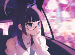 Rule 34 | 1girl, bare shoulders, blue eyes, blue hair, blunt bangs, car interior, closed mouth, clothing cutout, colored inner hair, commentary, ear piercing, expressionless, glasses, hair intakes, halo, hand on own chin, highres, hololive, hololive english, juffles, long hair, long sleeves, multicolored hair, official alternate costume, ouro kronii, ouro kronii (casual), piercing, purple hair, semi-rimless eyewear, shoulder cutout, solo, under-rim eyewear, upper body, virtual youtuber