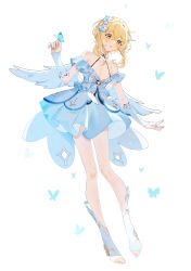 Rule 34 | 1girl, :o, angel wings, bare legs, bare shoulders, blonde hair, blue butterfly, blue dress, blue nails, boots, breasts, bug, butterfly, butterfly on hand, cleavage, collarbone, crossed bangs, detached sleeves, dress, flower, frilled dress, frills, full body, genshin impact, hair flower, hair ornament, hand up, high heel boots, high heels, highres, insect, large breasts, lily (flower), looking ahead, lumine (genshin impact), nail polish, off-shoulder dress, off shoulder, open mouth, outstretched arm, pleated dress, short hair with long locks, simple background, spaghetti strap, white background, white flower, white footwear, white sleeves, wings, yaner 10, yellow eyes