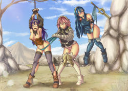 Rule 34 | 3girls, absurdres, ass, assisted exposure, blue hair, bound, breasts, domination, fire emblem, fire emblem: path of radiance, fire emblem awakening, fire emblem fates, highres, humiliation, lucina (fire emblem), mia (fire emblem), multiple girls, nintendo, omegalife, panties, pink hair, purple hair, rope, soleil (fire emblem), suspension, sword, tied up, torn clothes, underwear, weapon, wedgie