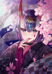 Rule 34 | 1girl, black kimono, bob cut, breasts, cherry blossoms, eyeliner, fang, fate/grand order, fate (series), floral print, headpiece, highres, horn ornament, horn ring, horns, ichino tomizuki, japanese clothes, kimono, long sleeves, looking at viewer, lostroom outfit (fate), makeup, oni, petals, purple eyes, purple hair, sash, short hair, shuten douji (fate), shuten douji (lostroom outfit) (fate), skin-covered horns, small breasts, smile, solo, tongue, tongue out, tree, wide sleeves