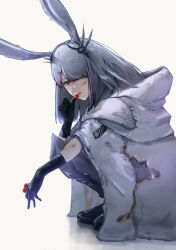 Rule 34 | 1girl, absurdres, animal ears, arknights, black gloves, blood, blood on arm, blood on face, burnt clothes, candy, coat, elbow gloves, food, frostnova (arknights), gloves, grey eyes, grey hair, hair over one eye, highres, holding, holding food, hood, hood down, hooded coat, injury, lollipop, long hair, long sleeves, looking at viewer, rabbit ears, renkon logistics, simple background, solo, squatting, torn clothes, torn coat, white background, white coat, wide sleeves