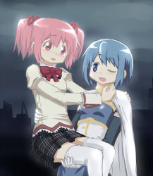 Rule 34 | 10s, 2girls, ;d, blush, cape, carrying, d:, hair ornament, hairclip, hangaku, highres, kaname madoka, mahou shoujo madoka magica, mahou shoujo madoka magica (anime), miki sayaka, multiple girls, one eye closed, open mouth, pink hair, school uniform, short hair, skirt, smile, thighhighs, twintails, wink