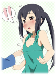 Rule 34 | !, !!, 1girl, bad id, bad pixiv id, black hair, blush, grabbing another&#039;s breast, breast poke, breasts, embarrassed, face, faceless, flat chest, grabbing, groping, guided breast grab, guiding hand, ikari manatsu, k-on!, nakano azusa, poking, solo focus, sweatdrop, trembling, twintails