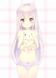 Rule 34 | 1girl, :t, ahoge, alc (ex2 lv), bad id, bad pixiv id, bow, bow panties, covering privates, covering breasts, lace, lace-trimmed panties, lace trim, long hair, original, panties, pink panties, plaid, plaid background, purple eyes, silver hair, solo, stuffed animal, stuffed rabbit, stuffed toy, topless, underwear