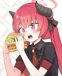 Rule 34 | 1girl, absurdres, aiguillette, black ribbon, black shirt, blue archive, blush, burger, drooling, food, food on face, hair ribbon, halo, highres, holding, holding food, horns, junko (blue archive), korean commentary, long hair, necktie, purple eyes, red hair, red necktie, ribbon, shey kr, shirt, short sleeves, solo, twintails, upper body, very long hair