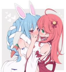 Rule 34 | 2girls, ahoge, animal ears, arashiya, asymmetrical docking, bell, blue hair, blush, braid, breast press, breasts, carrot, carrot hair ornament, cheek squash, coat, detached sleeves, don-chan (usada pekora), eye contact, eyebrows, face-to-face, food-themed hair ornament, fur scarf, green eyes, hair ornament, hands on another&#039;s cheeks, hands on another&#039;s face, hololive, hug, imminent kiss, jingle bell, large breasts, long hair, looking at another, multicolored hair, multiple girls, pink hair, rabbit-shaped pupils, rabbit ears, rabbit girl, red eyes, red skirt, sakura miko, sakura miko (1st costume), shirt, skirt, smile, symbol-shaped pupils, thick eyebrows, twin braids, twintails, two-tone hair, upper body, usada pekora, usada pekora (1st costume), virtual youtuber, white coat, white hair, white shirt, white sleeves, yuri