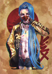 Rule 34 | 1girl, absurdres, alternate hairstyle, blood, blood on face, blue hair, bullet, choker, chromatic aberration, commentary, cropped legs, fingerless gloves, flat chest, gloves, hair down, highres, jacket, jewelry, jinx (league of legends), league of legends, letterman jacket, long hair, mask, monori rogue, mouth mask, nail polish, open clothes, open fly, open jacket, panties, pendant, pink eyes, red panties, short shorts, shorts, solo, sukajan, thick eyebrows, underwear, very long hair