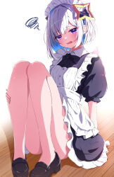 Rule 34 | 1girl, absurdres, alternate costume, amane kanata, apron, arm support, bare legs, black dress, black footwear, blue hair, bow, colored inner hair, convenient leg, dress, frilled apron, frilled dress, frills, full body, grey hair, hair bow, halo, hand on own leg, highres, hololive, knees up, legs, loafers, looking at viewer, maid, maid apron, maid headdress, medium hair, multicolored hair, on ground, parted bangs, pink hair, puffy short sleeves, puffy sleeves, purple eyes, shoes, short dress, short sleeves, sidelocks, single hair intake, solo, squiggle, star halo, streaked hair, t4n4k4 no yosei, thighs, virtual youtuber, white background, wooden floor