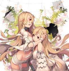 Rule 34 | 2girls, bare shoulders, blonde hair, breasts, broken glass, collar, cover, cover page, dress, gisin jeongi dawnbringer, glass, hair over one eye, hug, kkuem, large breasts, leaf, long hair, looking at viewer, medium breasts, multiple girls, official art, original, parted lips, red eyes, smile, thighhighs, watermark, web address, white dress, white legwear