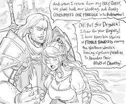 Rule 34 | 1boy, 1girl, armor, bad id, bb (baalbuddy), beard, breasts, castle, closed eyes, commentary, couple, dress, english commentary, english text, facial hair, gauntlets, greyscale, highres, inactive account, jewelry, knight, large breasts, long hair, manly, monochrome, necklace, original, pauldrons, puffy short sleeves, puffy sleeves, short sleeves, shoulder armor, simple background, sir drywick (bb (baalbuddy)), smile, sword, weapon, weapon on back, white background