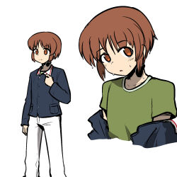 Rule 34 | 1boy, :o, adapted costume, blue jacket, closed mouth, commentary, cropped torso, frown, genderswap, genderswap (ftm), girls und panzer, green shirt, highres, jacket, long sleeves, looking at viewer, male focus, military, military uniform, multiple views, nishizumi miho, off shoulder, ooarai military uniform, open clothes, open jacket, pants, parted lips, ponita-poniponi, shirt, short hair, short sleeves, t-shirt, throat microphone, undressing, uniform, white pants
