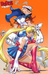 Rule 34 | 1boy, 1girl, alternate costume, anchor, arm up, arms at sides, back bow, bald, bishoujo senshi sailor moon, blonde hair, blue eyes, blue sailor collar, blue skirt, boots, bow, bowtie, cape, choker, closed eyes, closed mouth, crescent, crescent earrings, crossover, diadem, earrings, expressionless, full body, gloves, hat, highres, holding, holding anchor, jewelry, lips, looking at viewer, magical girl, marcus williams, microskirt, on one knee, outstretched arm, panties, pants, pipe in mouth, pleated skirt, popeye, popeye the sailor, red bow, red bowtie, red choker, red panties, sailor, sailor collar, sailor hat, sailor moon, sailor senshi, sailor senshi uniform, short cape, short sleeves, skirt, smoke, smoking, smoking pipe, standing, tsukino usagi, twintails, underwear, v, v-shaped eyebrows, white pants