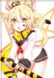 Rule 34 | 1girl, animal ears, aotu world, blonde hair, blush, cat ears, cat tail, character request, looking at viewer, open mouth, red neckwear, scarf, short hair, shu (pjxv7485), solo, tail, yellow eyes, yellow scarf