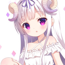 Rule 34 | 1girl, :o, bare shoulders, blunt bangs, blush, chitosezaka suzu, collarbone, commentary request, criss-cross halter, dress, frilled dress, frills, hair ribbon, halterneck, hand on own knee, horns, long hair, lowres, original, parted lips, purple eyes, purple ribbon, ribbon, sheep horns, simple background, solo, sundress, white background, white dress, white hair