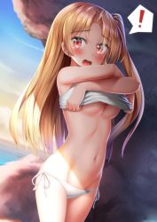 Rule 34 | !, 1girl, absurdres, azur lane, bikini, blonde hair, blue sky, blush, breasts, cleveland (azur lane), cloud, cowboy shot, day, embarrassed, eyes visible through hair, groin, hair between eyes, hair ornament, highres, long hair, looking at viewer, medium breasts, navel, nedia (nedia region), ocean, one side up, open mouth, outdoors, parted bangs, red eyes, shade, shirt, side-tie bikini bottom, sky, solo, spoken exclamation mark, standing, stomach, swimsuit, tank top, thighs, underboob, undressing, very long hair, white shirt